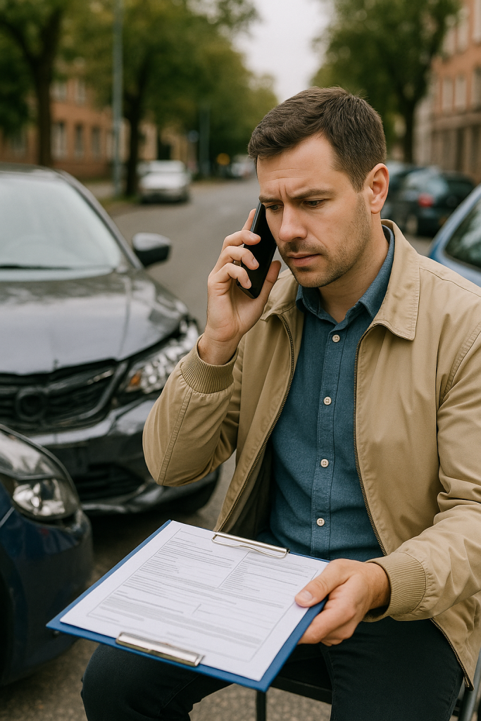 Conducteur contactant son assurance après un accident, inquiet du montant de l’offre d’indemnisation proposée.