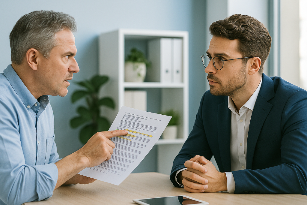 Assuré discutant avec un conseiller d’assurance au sujet d’une offre d’indemnisation jugée trop faible, dans un bureau professionnel.